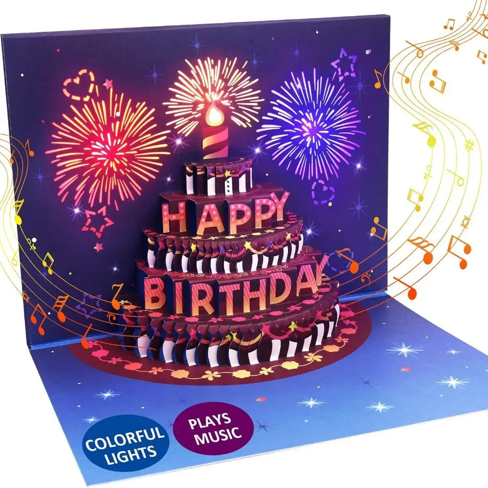 Warming LED Light Happy Birthday Cards Unique 3D Pop Up Fireworks ...