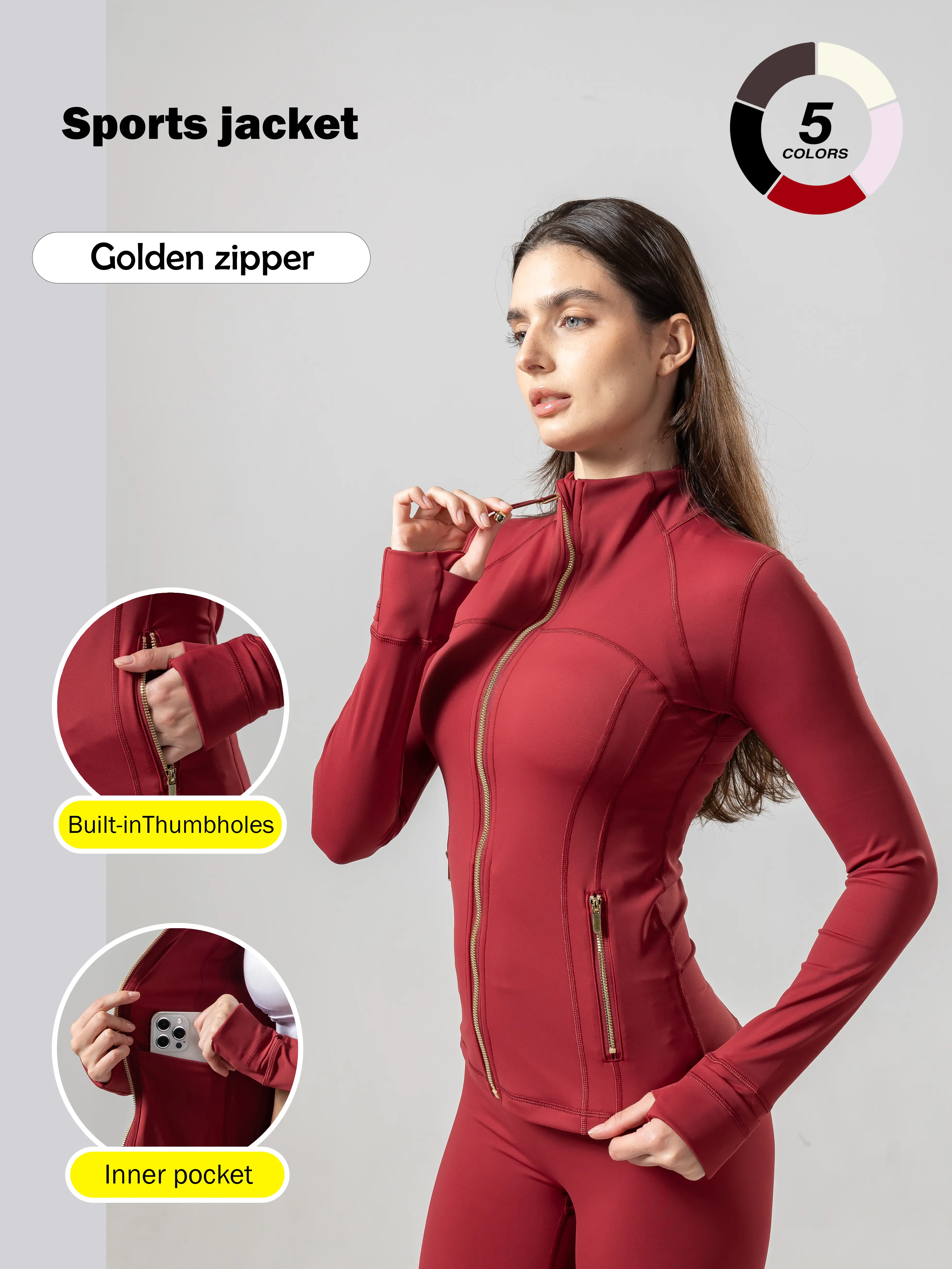 [Gold Zipper] High-Stretch Women's Sports Jacket, High Waist Sports Leggings, High Stretch Seamless Yoga Leggings. Gold zipper jacket with pockets and thumbhole design. Women's casual wear, workout wear.summer outfits