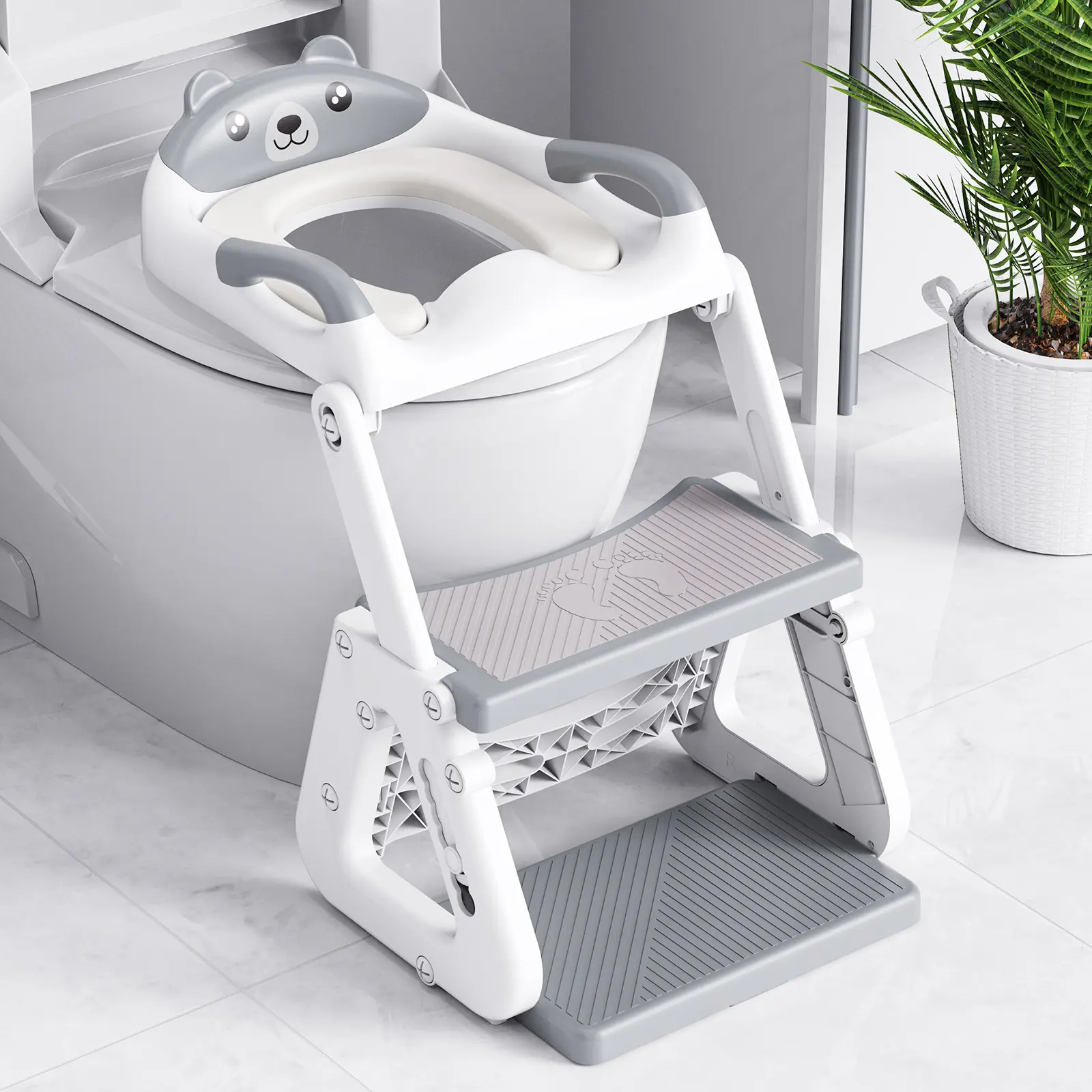 Orzbow 2-IN-1 Kids Potty Training Toilet Seat with Step Stool & Ladder, Adjustable Height, PVC Cushion (Soft & Resilient), Extended Pedal Eases Turning Around, Splash Guard, Anti-Slip Pad, Grey (Potty Training & Commode Chairs), Seat With Step Platform Po