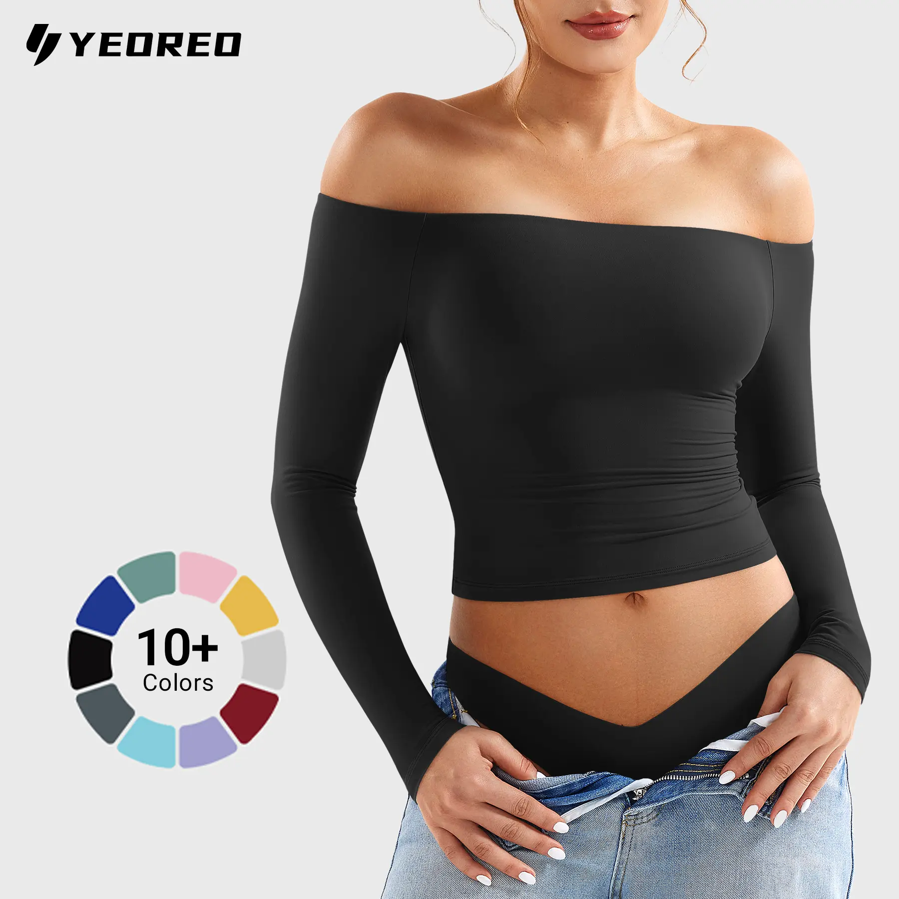 YEOREO Sophie Buttery Soft Off Shoulder Long Sleeve Shirt Double Lined Y2K Going Out Top Casual Cute Basic Womenswear summerwins,travel essentials,camping essentials tiktokshopbacktoschool,back to school,back to school haul