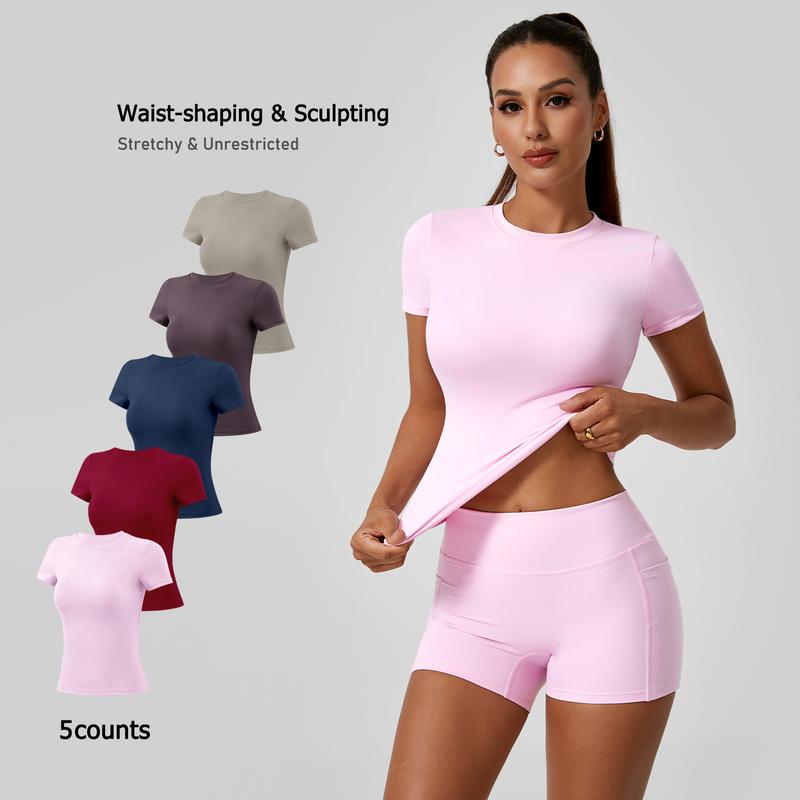 TimeOFF 5-Piece Solid Sports Tee Set Round Neck Slim Stretchy Ideal for Yoga Gym Workouts Women's Athletic Wear Sporty Style Clothes gym shirts workout tops oversized gym shirts Fitness Outfit,summerwins,travel essentials,camping essentials