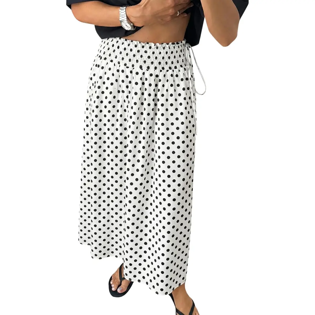 Tankaneo Womens Polka Dot Maxi Skirts Boho Smocked High Waisted Tie Skirt Casual Beach Vacation Dress