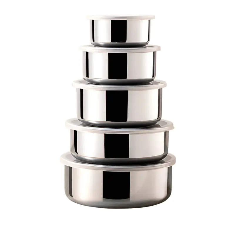 Kit 5 Tigelas De Aço Inox E Planeta Tech Redondas Prateada Com Tampa - 10cm/12cm/14cm/16cm/18cm