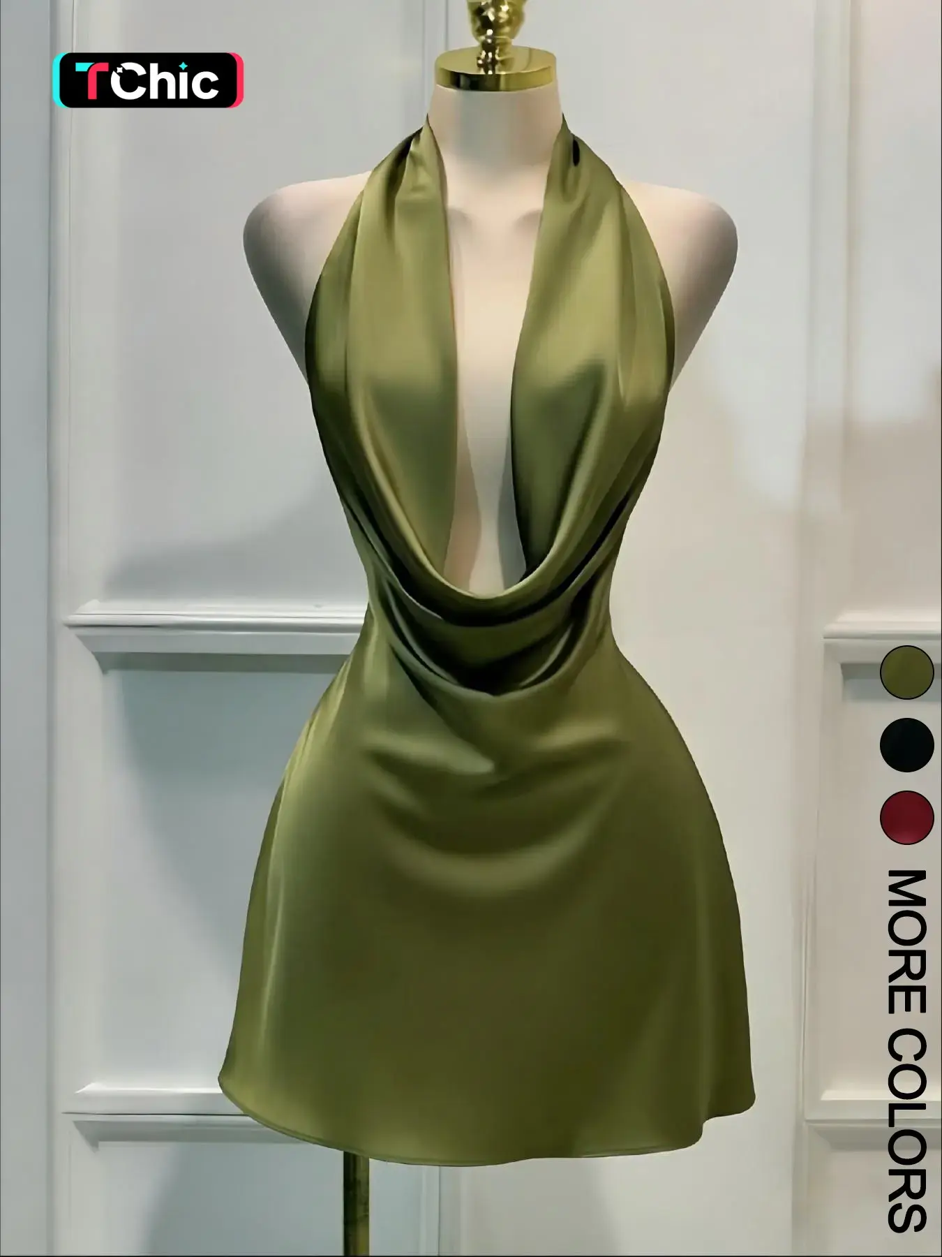 Women's One Piece Halter Mini Dress, Feminine Cowl Neck Design, Tie Back Closure, Open Back Cut, A‑Line Skirt