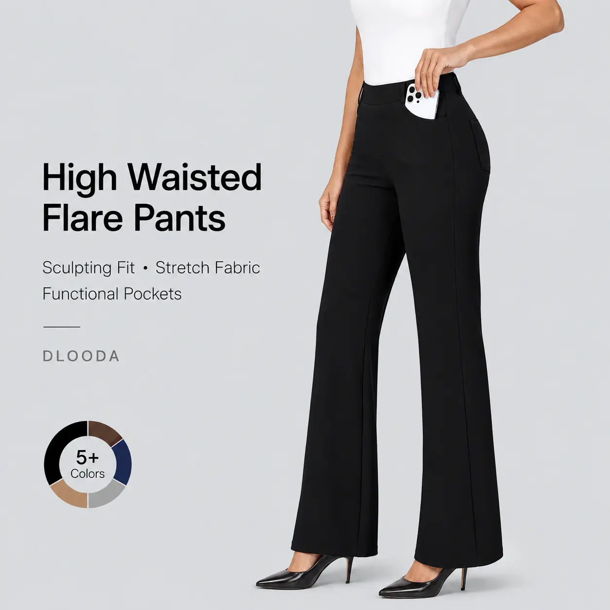 DLOODA Women's High-Waisted Stretchy Business Casual Pocket Pants - Pull-On Flared Full-Length Office Work Clothes, Machine-Washable Basic Plain Bottoms for Office,clothes for back to school,first day of school outfits