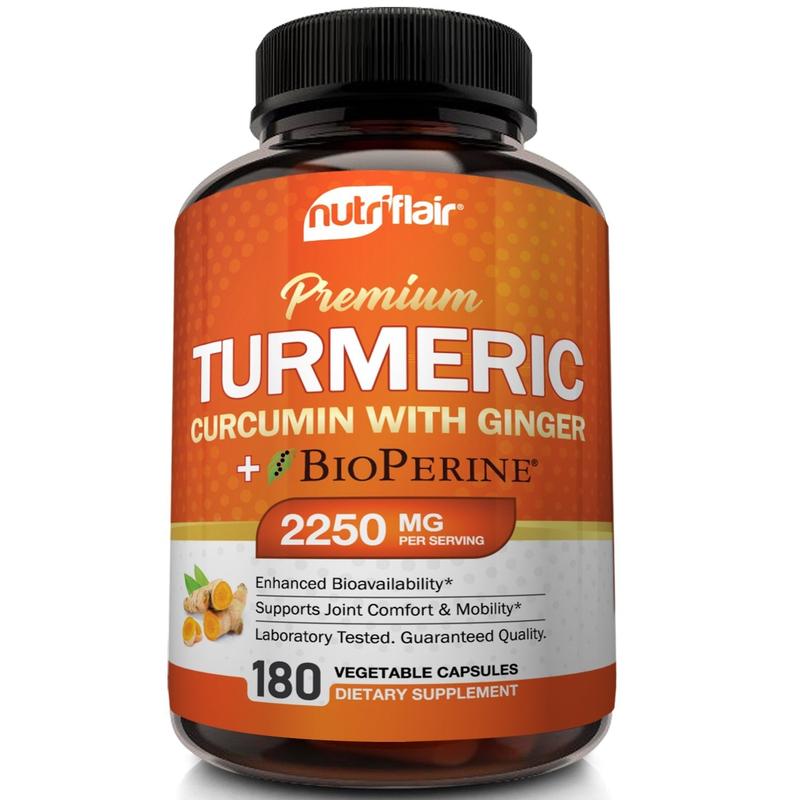 NutriFlair Turmeric Curcumin with Ginger + BioPerine Dietary Supplement, Anti-Inflammatory Joint & Immune Health Support, Dairy-Free - 180 Capsules