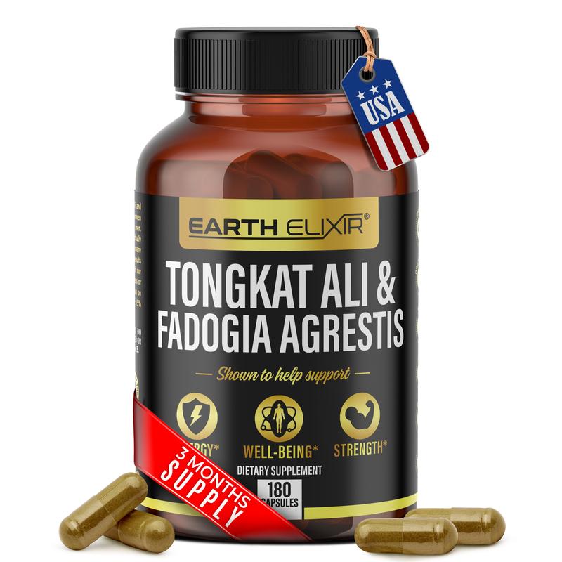 Earth Elixir Tongkat Ali & Fadogia Agrestis Dietary Supplement - Supports Energy, Well-Being, and Strength - 180 Capsules