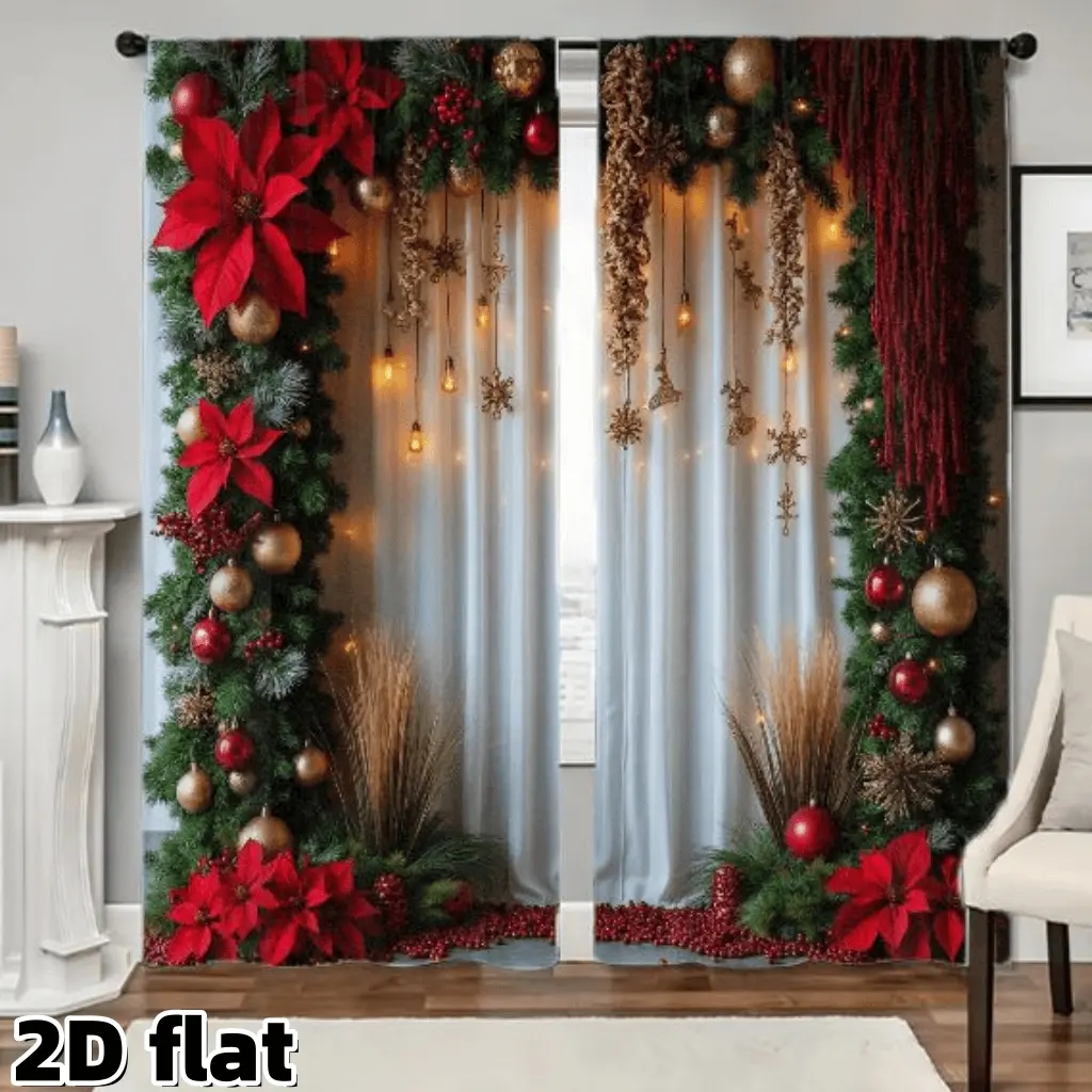 查看[2D Flat 2Pcs Christmas Holiday Curtains Poinsettia Garland Print Rod ...