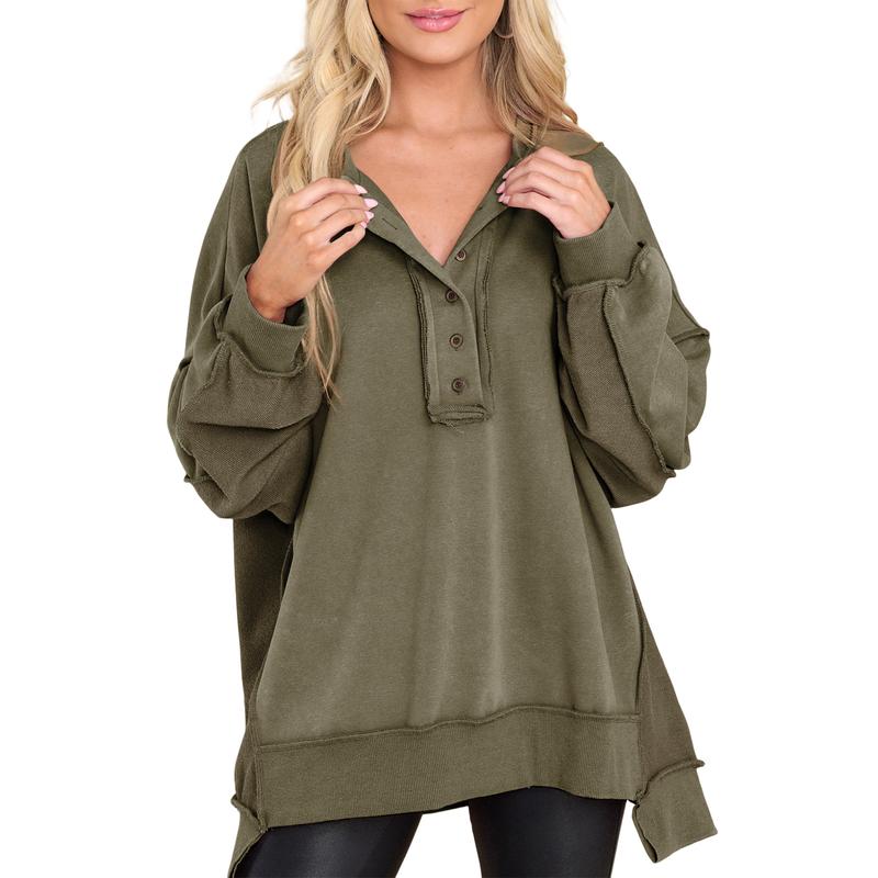 EVALESS Women's Oversized Button Henley Sweatshirts,Casual Long Sleeve Pullover Sweater,V Neck Solid Patchwork Tunic Tops,2026 Fashion Womenswear Fall Winter Outfits  Deals For You Days summer outfits,back to school,back to school shopping