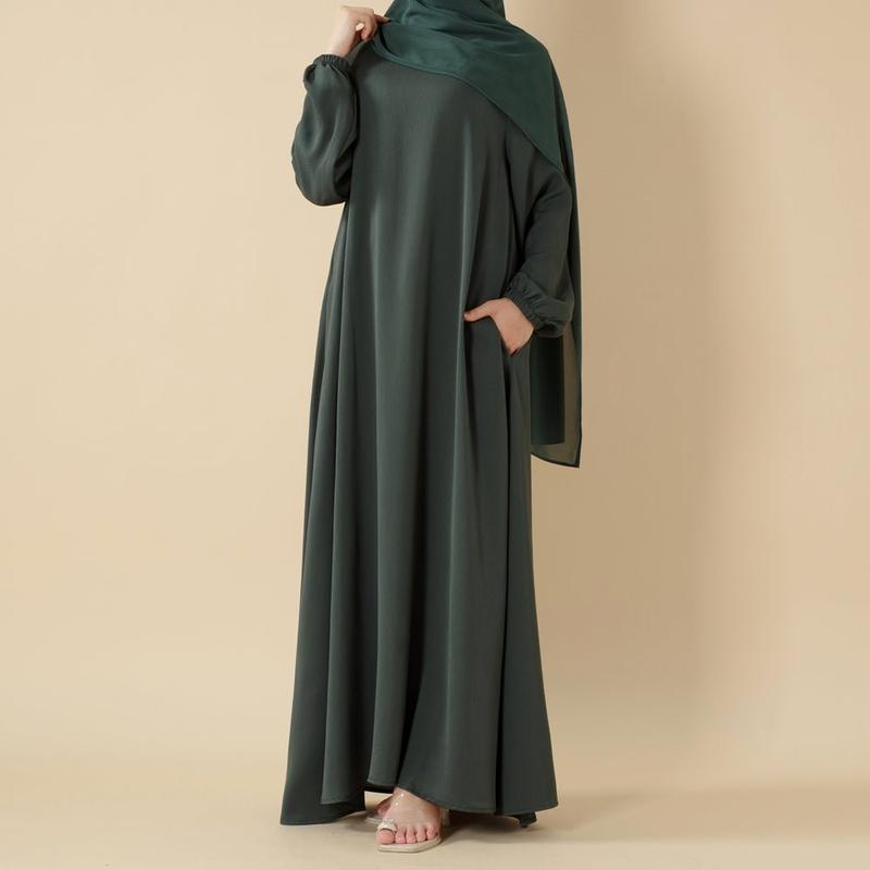 Women's Solid Color Umbrella-Cut Islamic Abaya, Breathable Modest Dress in Textured Nida Zoom Fabric with Pockets and Elastic Sleeves, Solid Color Abaya, Modesty, Loose Fit Abaya