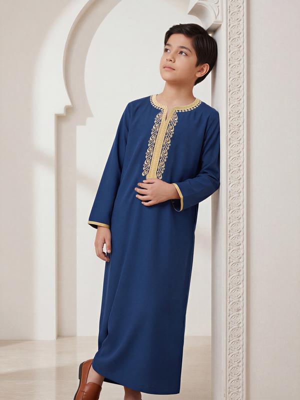 Moroccan Style V Neck Long Sleeve Boy Thobe, Elegant Embroidery Dual Side Pockets, Suitable for Boys Aged 8-12 Years