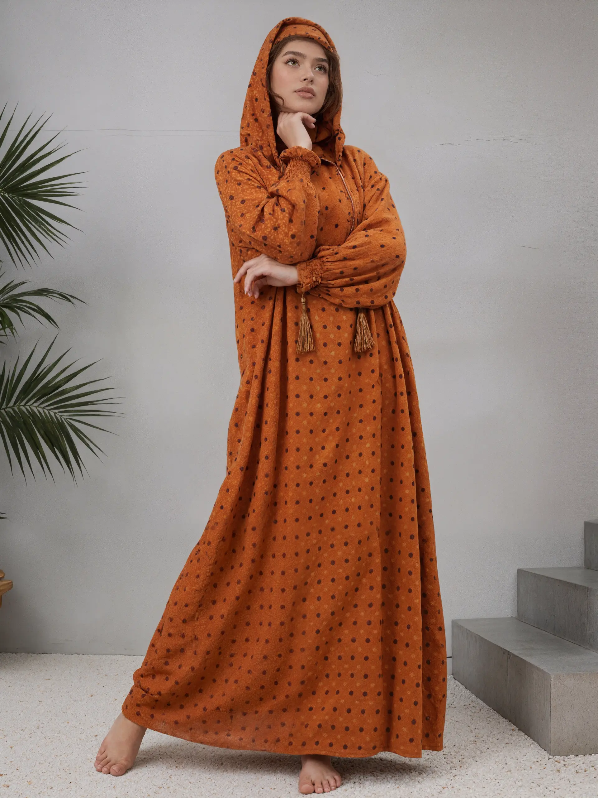 Women's Dot-Patterned Cotton Muslim Prayer Jumpsuit Abaya - Double Hat, Dubai Style, Loose Cut Flatters Curves, Cotton Keeps You Breezy, Pocket Convenience, Pockets for Carry, Plus Size, Non-Sheer, Revert Friendly, Ramadan & Eid Wear