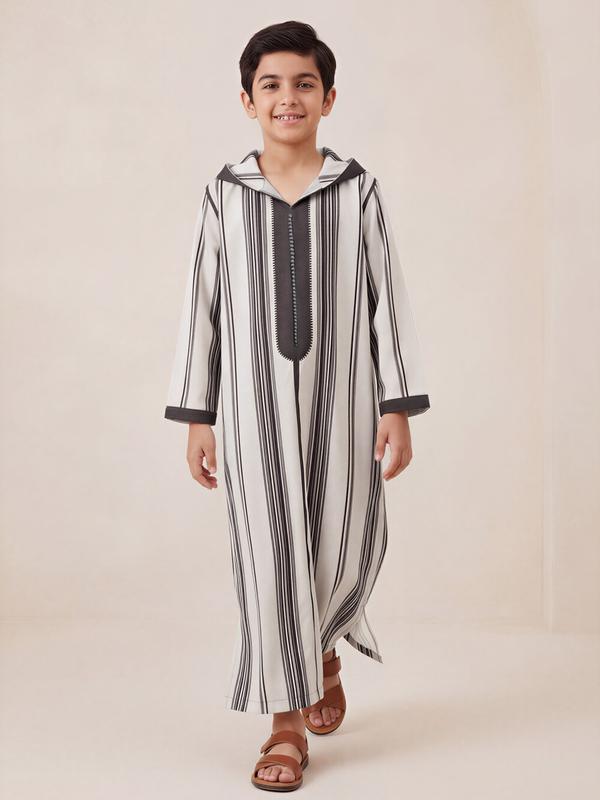 Moroccan Style Striped Colorblock Hooded Modest Boy Djellaba, 3D Decorated Hem Split, Dual Side Pockets, Suitable for Boys Aged 8-12 Years