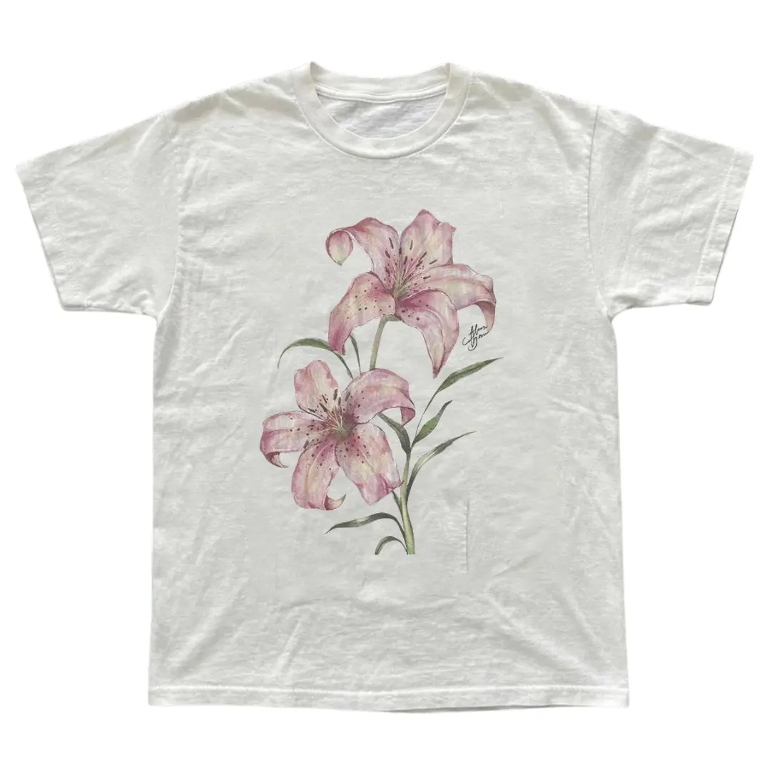 Pink Lily Floral T-Shirt, Tree Shirt, Natural Tee, Gifts Shirt, Unisex Vintage Graphic Tees Gothic Grunge Y2k Emo Scene Amity Affliction Style Clothes Men Women Streetwear