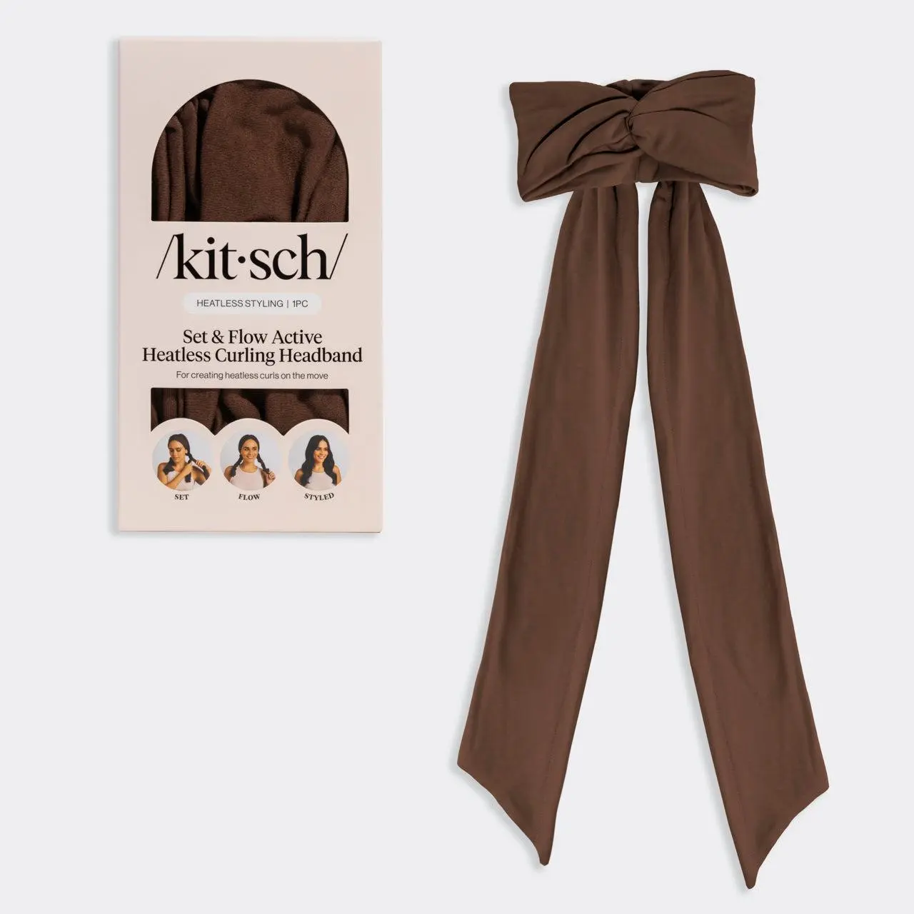 Chocolate Brown Set & Flow Active Curling Headband – Kitsch Heatless Hair Curler for Soft Waves & Curls