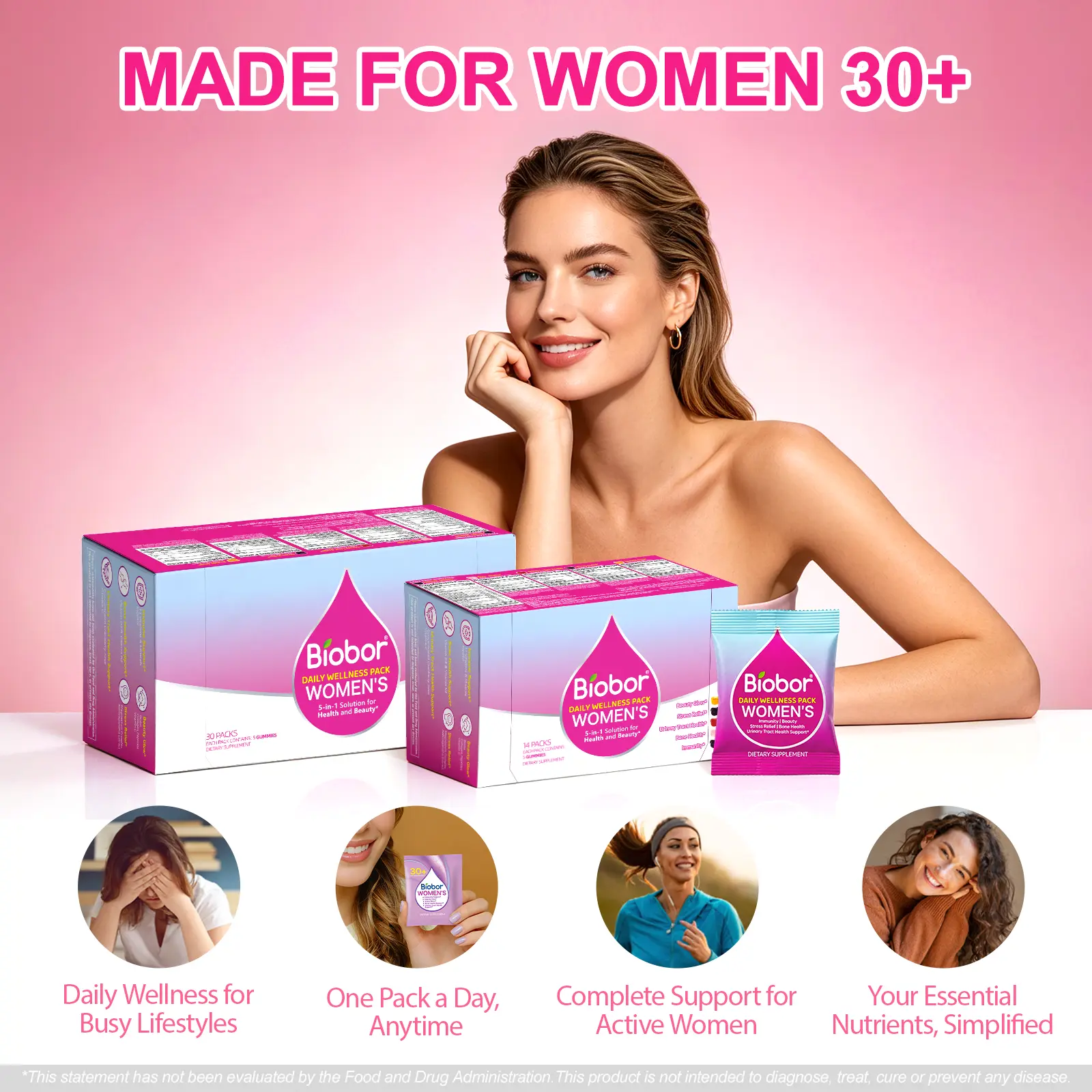 Biobor Women’s 5-in-1 Chewable Daily Nutrition Gummies Pack (30+ Women, 14-Day Supply) with Biotin, Collagen, Magnesium, Ashwagandha, Cranberry, Vitamin C, D3-K2 - Skin, Mood, Immune, Bone Support (Raspberry Flavor)