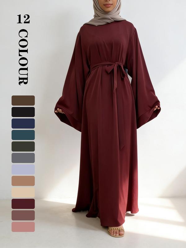 Spring Summer Loose Fashion Muslim Plain Long Sleeve Wide Hem Style Dress with Waist Belt, High Quality, 12 Colors, 5 Sizes Available, Classy Modest Islamic Clothing, Modest Clothes#modest abaya #OOTD