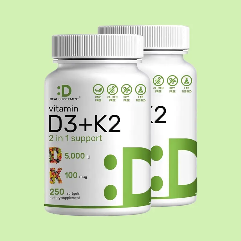 Deal Supplement Vitamin D3K2, 250 Veggie Softgels, 2 in 1 (5000 IU D3+100mcg K2 MK7) | Healthy Bones, Teeth, Heart, Immune System