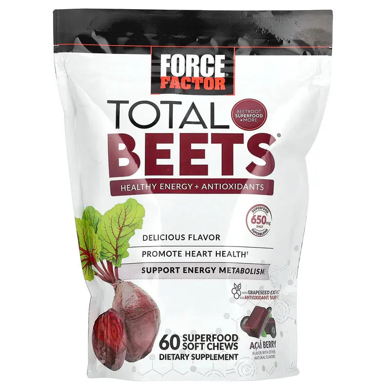 Force Factor Total Beets®, Healthy Energy + Antioxidants, Acai Berry, 325 mg, 60 Superfood Soft Chews