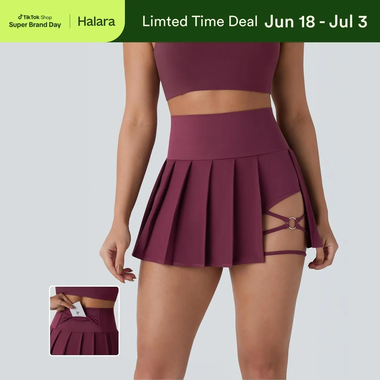 Halara Breezeful High Waisted Pleated 2-in-1 Side & Pocket Asymmetric Hem Quick Dry Mini Dance Skirt #summervibes