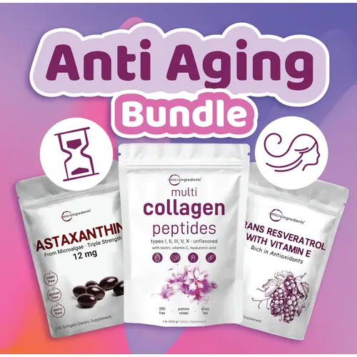 Micro Ingredients Anti-Aging Bundle: Multi Collagen Peptides Powder 1lb & Astaxanthin 120 Softgels & Trans Resveratrol with Vitamin E Powder 5oz