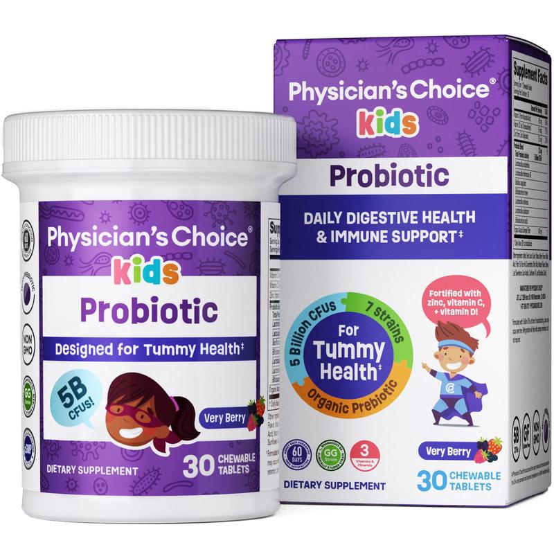 Physician's Choice Kids Probiotic with Zinc, Natural Vitamins, and Organic Prebiotics - Supports Digestive & Immune Health - Berry Flavored Chewable