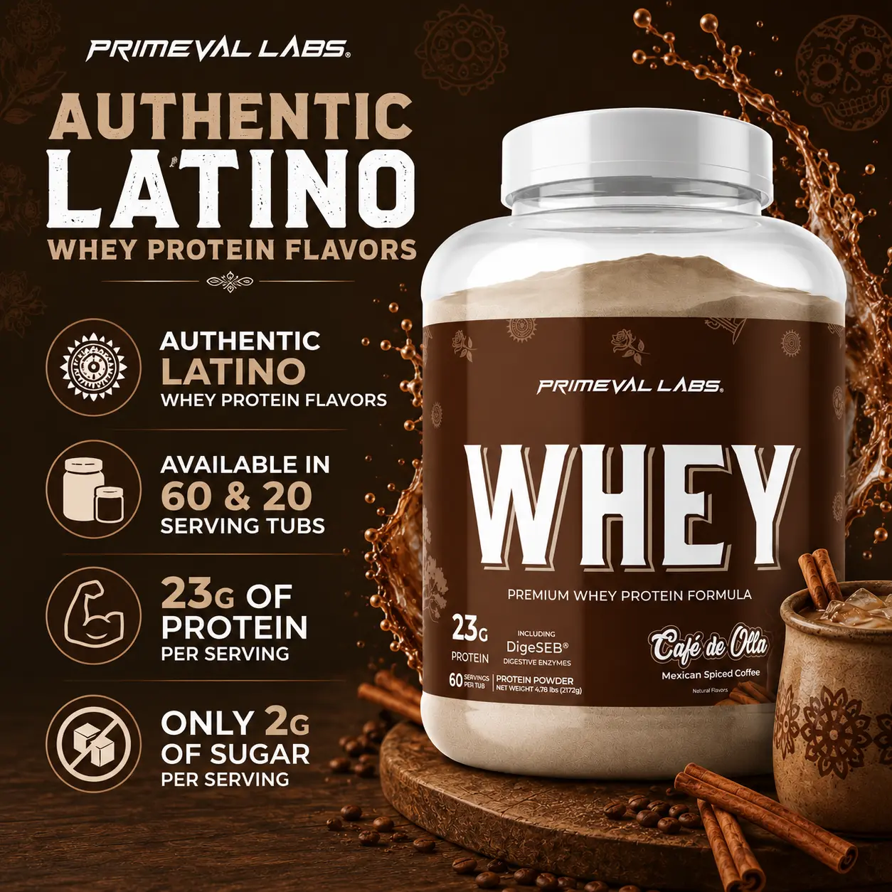 Primeval Labs Whey Protein Gourmet Flavors - High Protein 23g Per Serving, Authentic Latino Flavors