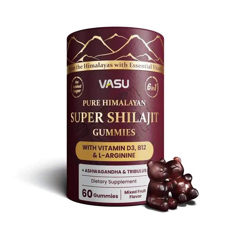 Vasu 6 in 1 Super Shilajit Gummies | With Vitamin D3, B12, L-Arginine, Ashwagandha & Tribulus  | No Added Sugar | Best Shilajit Gummy | 60 Individually Wrapped Edible Supplement