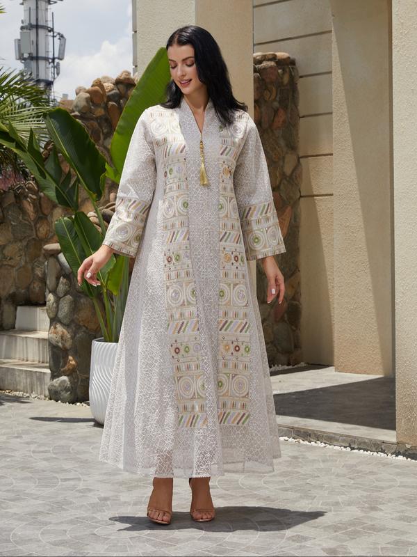Elegant Chic Women's Middle Eastern Style Jalabiya Dress, Bubu Kaftan Dress, Long Sleeve Stand Collar Maxi Dress, Beaded Sequins Patchwork Design, Beaded Embroidery Dress, Traditional Womenswear