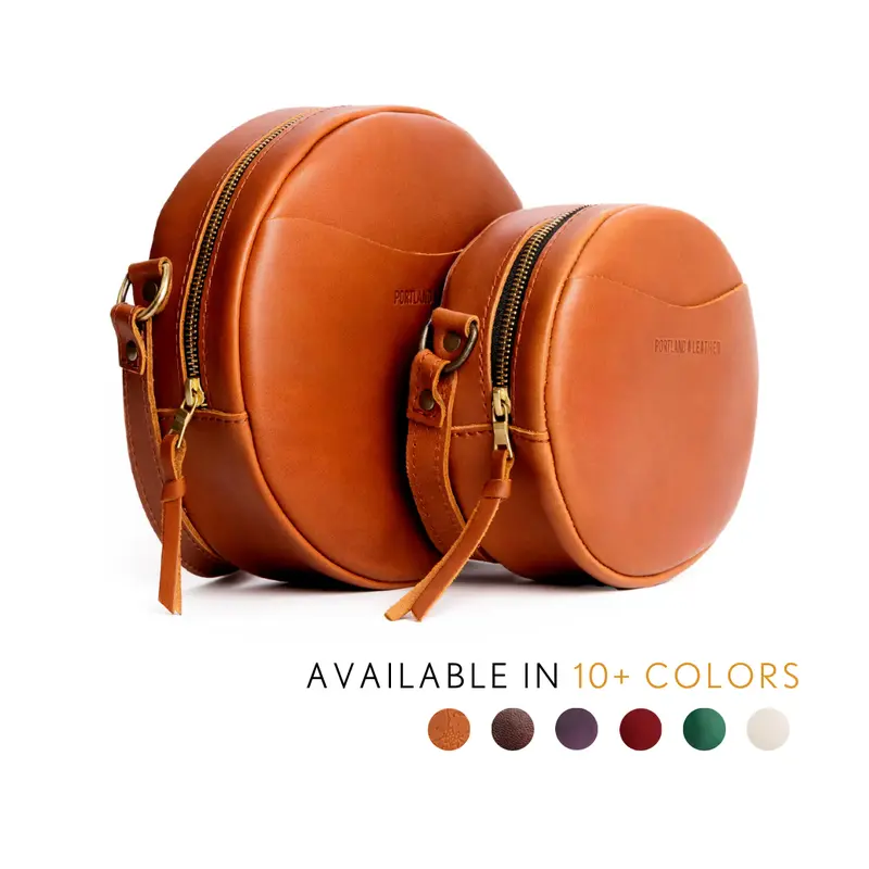 Portland Leather Circle Crossbody - Unique Shape Carry - Leather Round Bag, Adjustable Strap, Compact Storage