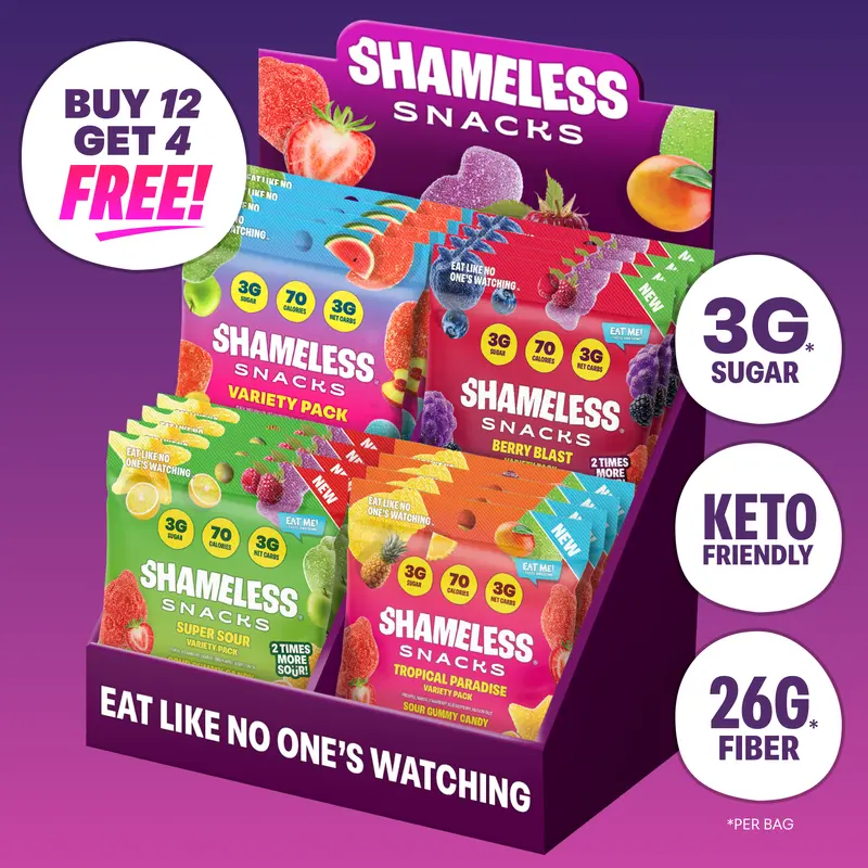 Shameless Snacks Gummy Candy Bundle - Buy 12 Get 4 Free - Sweet & Sour All-Stars, Berry Blast, Tropical Paradise & Super Sour Variety Packs | Low Sugar, Keto Friendly, Vegan, Gluten Free Sour Candy