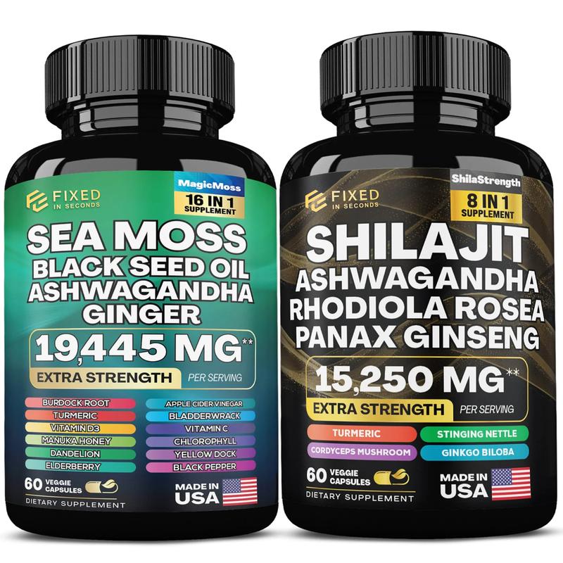 Sea moss& Shilajit dynamic vitality bundle-60 capsules, Highly potent herbal ingredients. Wellness supplements for healthcare and Dietary Stress relief, Ashwagandha Vitamins women probiotic Spirulina vital source oil oregano nads anti menopause