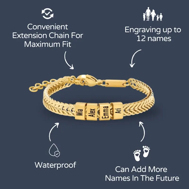 AS099 Happy Father's Day Father Gift, Custom Gold Bracelet for Dad with Kids Name, Personalize Daddy Bracelet, Family Name Jewelry Christmas Gift
