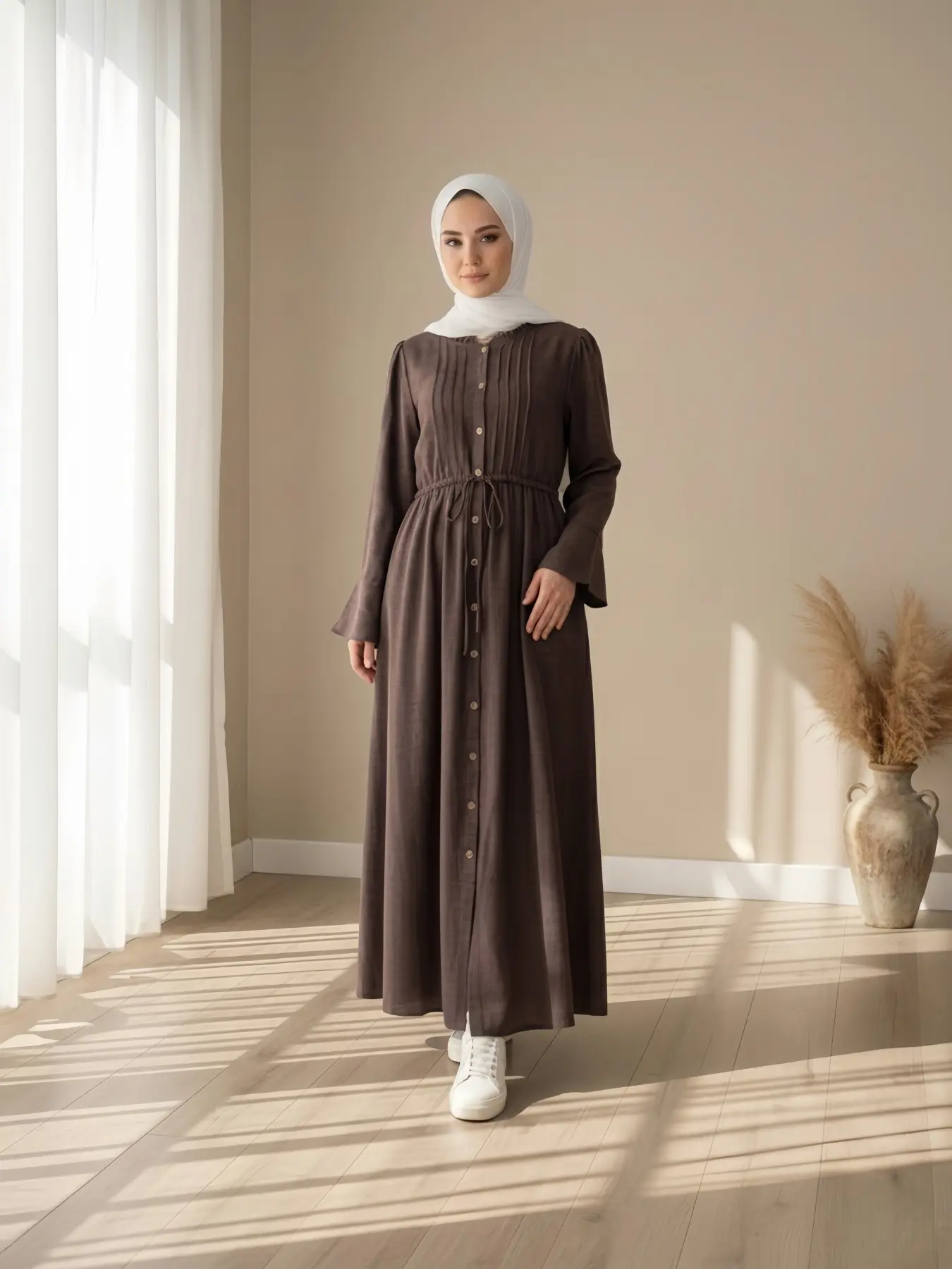 Women's Open Front Pleated Bow Tie Side Pockets Flared Sleeves Princess Dress & Nude Long Abaya Muslim Maxi Skirt Modest Style Dress Muslim Women Gowns Modesty Modest Muslim Clothing