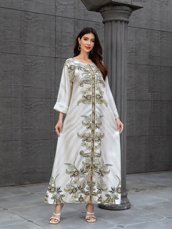 Elegant Muslim Women's Long Robe Dress, High Density Rhinestone Beaded Print, Round Neck Turn-Up Sleeve, Modest Fashion Clothing, Long Sleeve Dresses