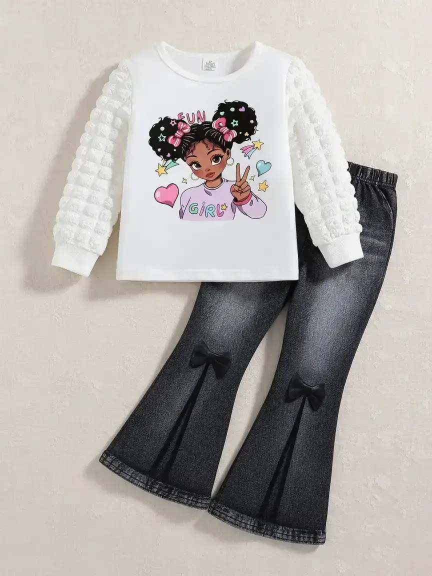 Two-piece Set Girl's Cartoon Print Long Sleeve Bubble Sleeves Tee & Denim-Effect Print Flare Leg Pants Set, Fashion Clothes Set, Kids Clothes for Spring & Fall, Cute Clothing Set