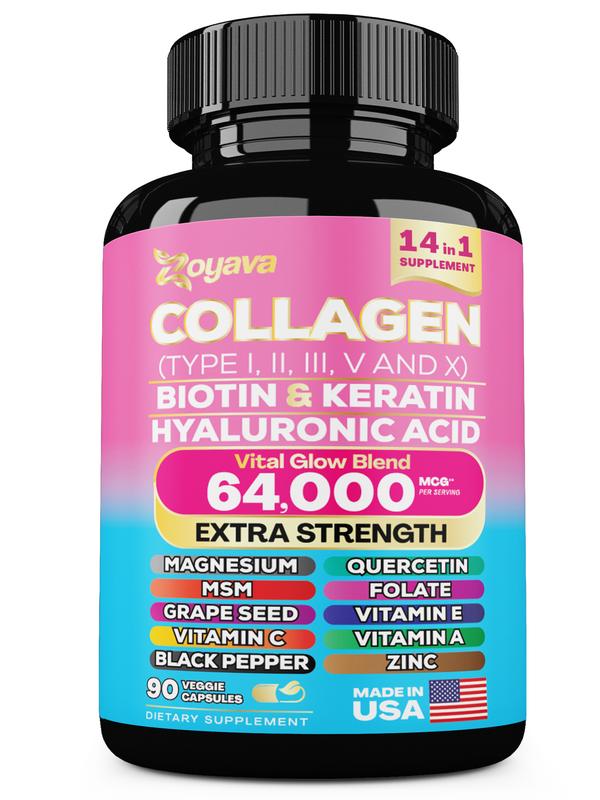 Zoyava Collagen Supplement - Type I, II, III, V and X - with Biotin, Keratin, Hyaluronic Acid & 13+ Extra Strength Ingredients - 90 Capsules - MADE IN USA