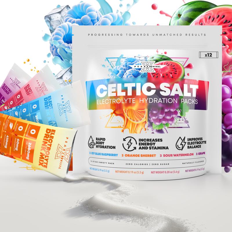 Peak Revival Celtic Salt Hydration Variety Packets + Immunity Electrolytes Powder, Instant Drink Mix, Dairy & Soy Free, Non-GMO, Gluten Free, Vegan, Zero Calories, Zero Sugar (12 Servings)