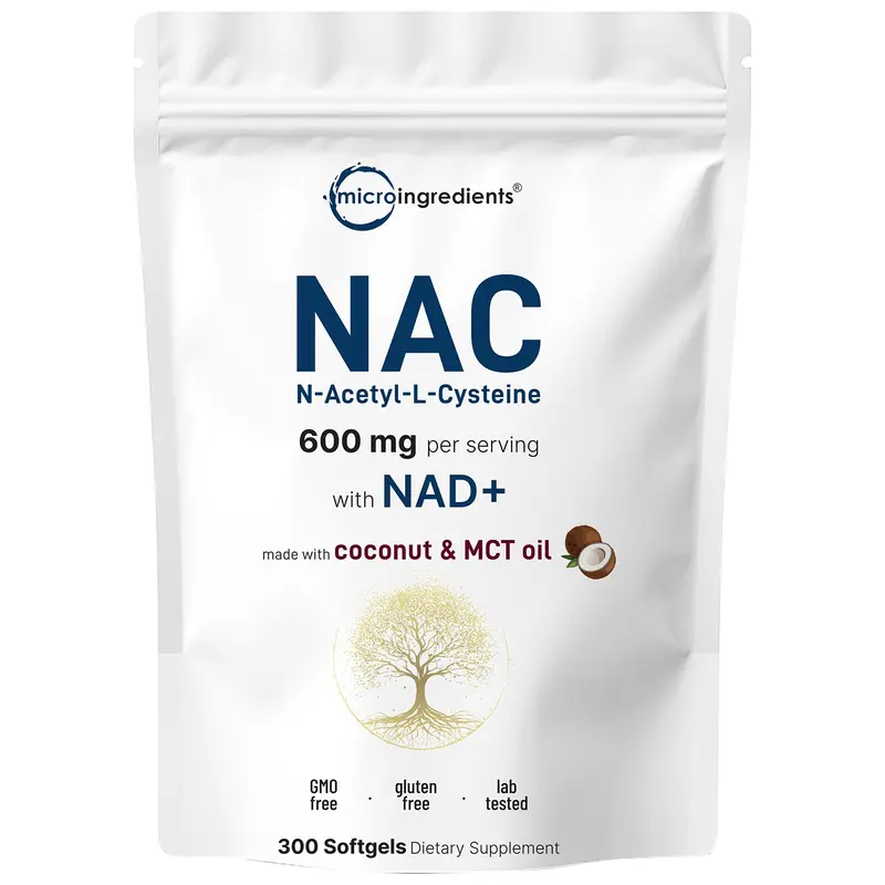 Micro Ingredients NAC 600mg with NAD+, 300 Coconut MCT Oil Softgels