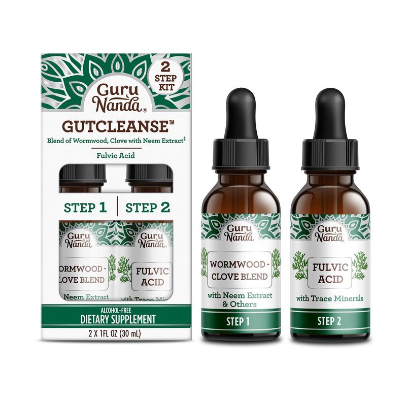 GuruNanda Gutcleanse 2 Step Kit - Dietary Supplement aids in Digestion - Fulvic Acid Blend with Natural Blend of Wormwood, Clove, Neem (2x1 Fl Oz)