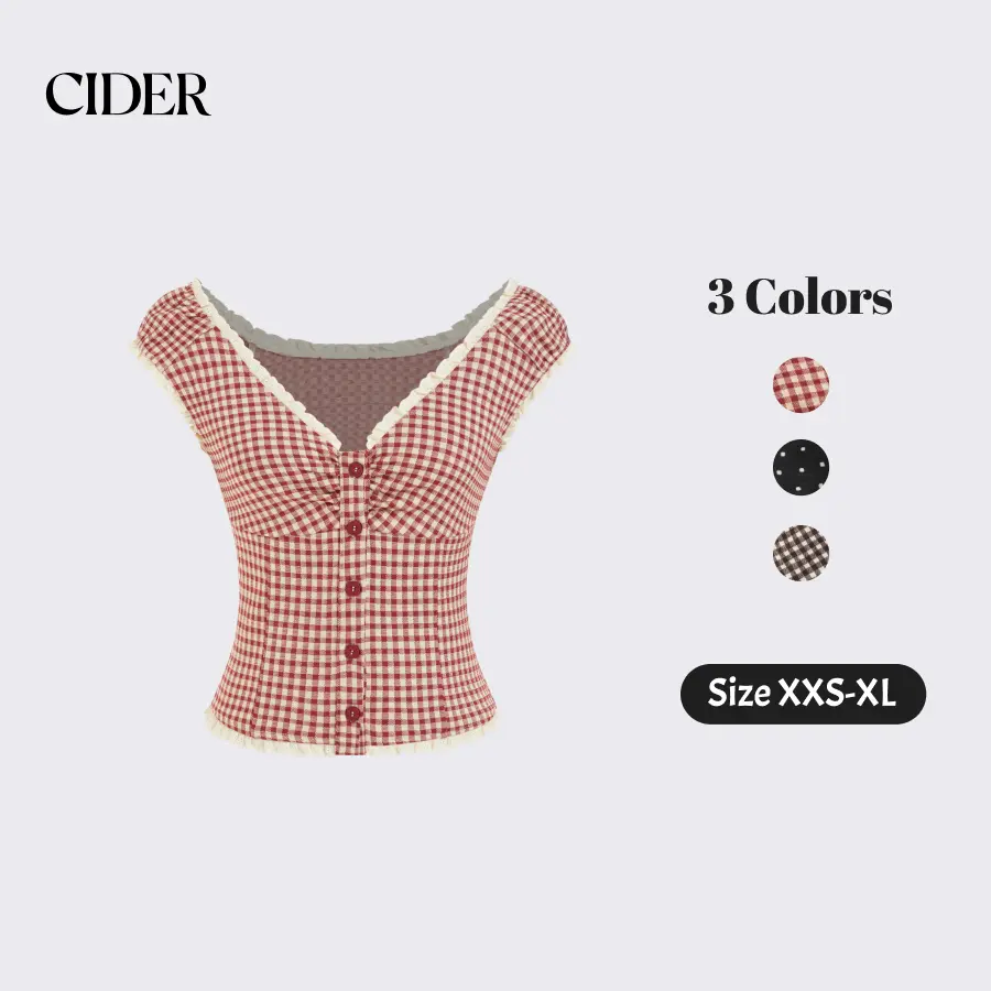 Cider Vintage Summer Gingham Sweetheart Top for Casual Daily, Elegant Jacquard Blouse, Ladies Ruched Shirt, Retro Vacation Outfits, Lady Crop Tops