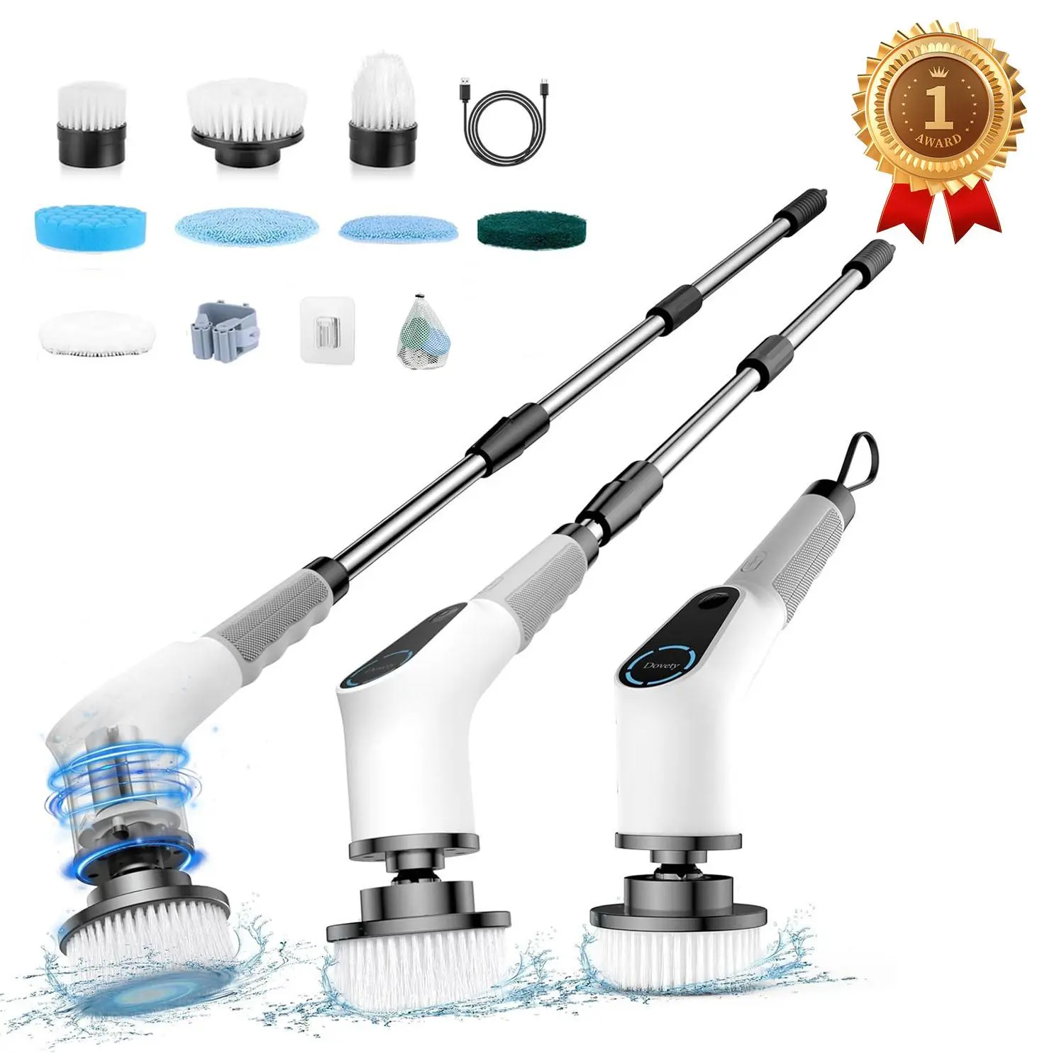 Dovety PowerSpin Cordless Electric Scrubber - Durable Power Scrubber with 8 Replaceable Brush Heads, 3 Adjustable Extension Handle, 2 Adjustable Speeds for Bathroom, Kitchen, Household Cleaning