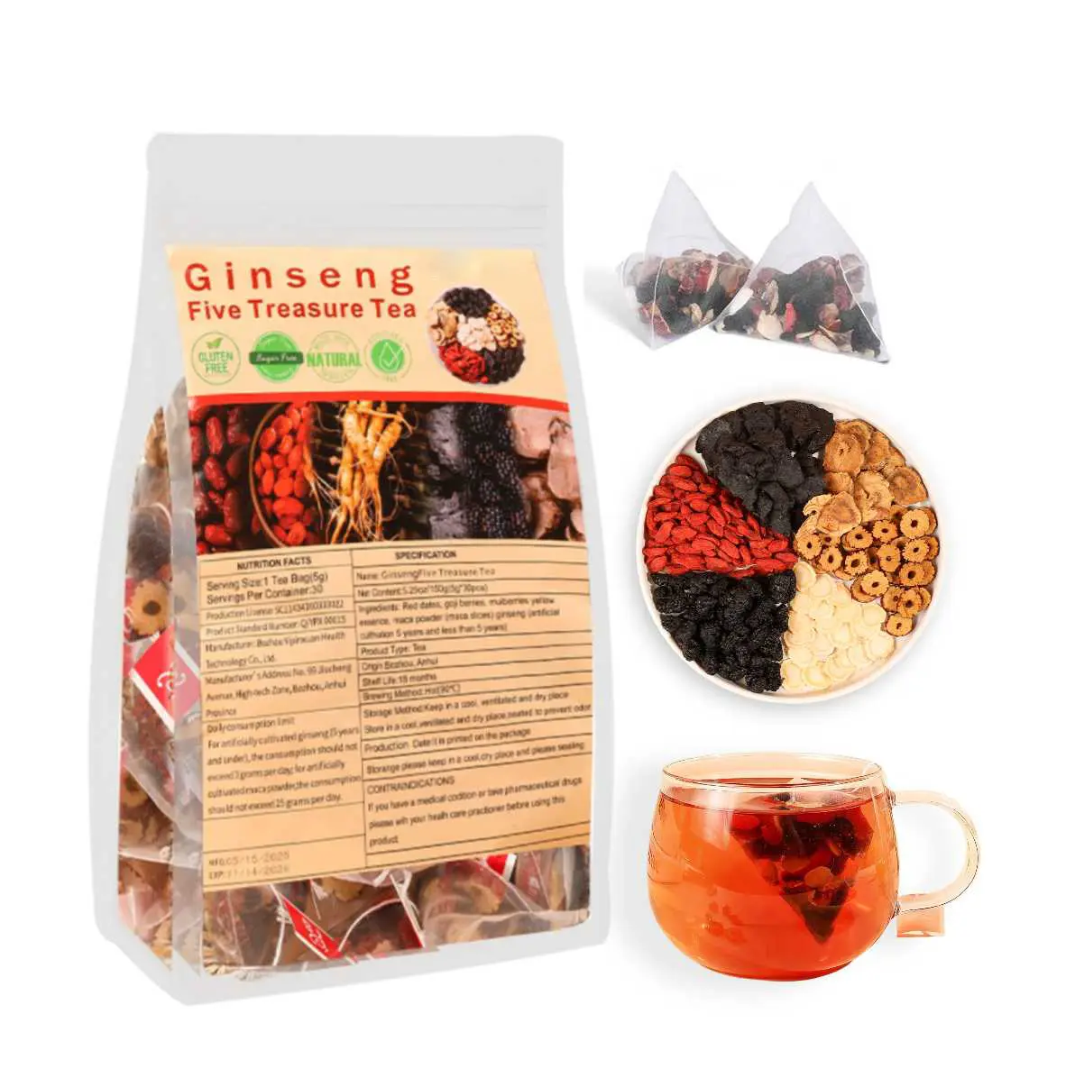 Herbiary Kidney Tea Formula-Organic Ginseng Five Treasure Tea for Men & Women | Traditional Healthy Kidney Detox Tea & Cleanse | Natural Herbal Ingredients Value Pack Ginseng Red Date Mulberry Herbal Formula,back to school