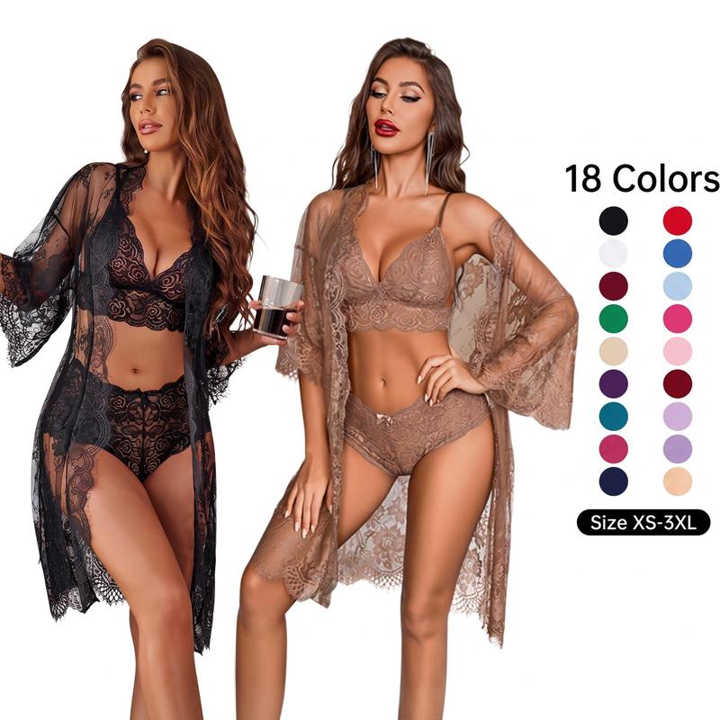 Avidlove Women's Alluring 3-Piece Lingerie Collection Brassiere and Brief Set featuring Lace Wrap Robe Sleepwear Sheer Night Dress Perfect for Special Occasions and Regular Wear