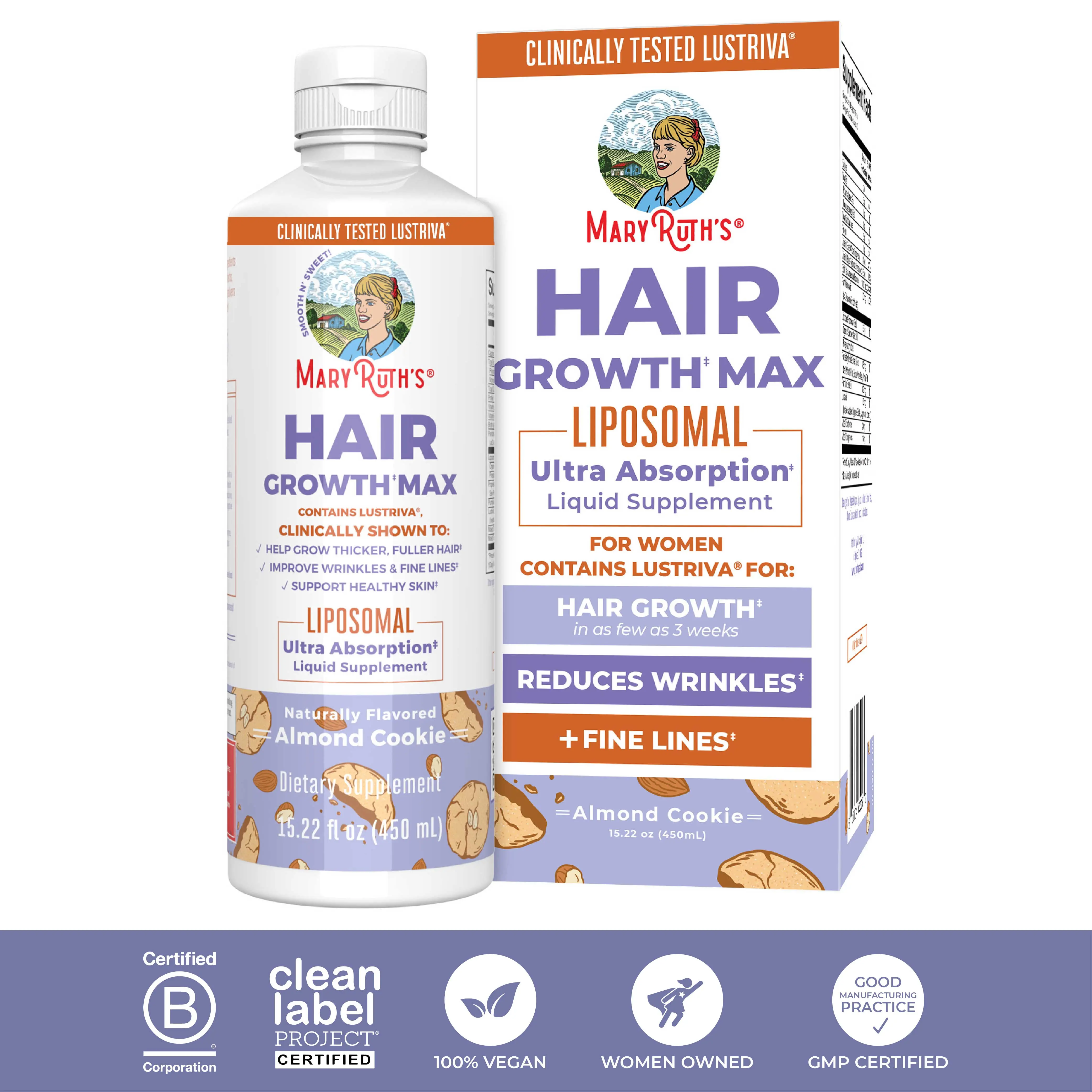 MaryRuth's Hair Growth Max Liposomal - Lustriva + Biotin 10000mcg + Pumpkin Seed Oil - Thicker Hair - Improve Wrinkles & Fine Lines - 15.22 Fl Oz