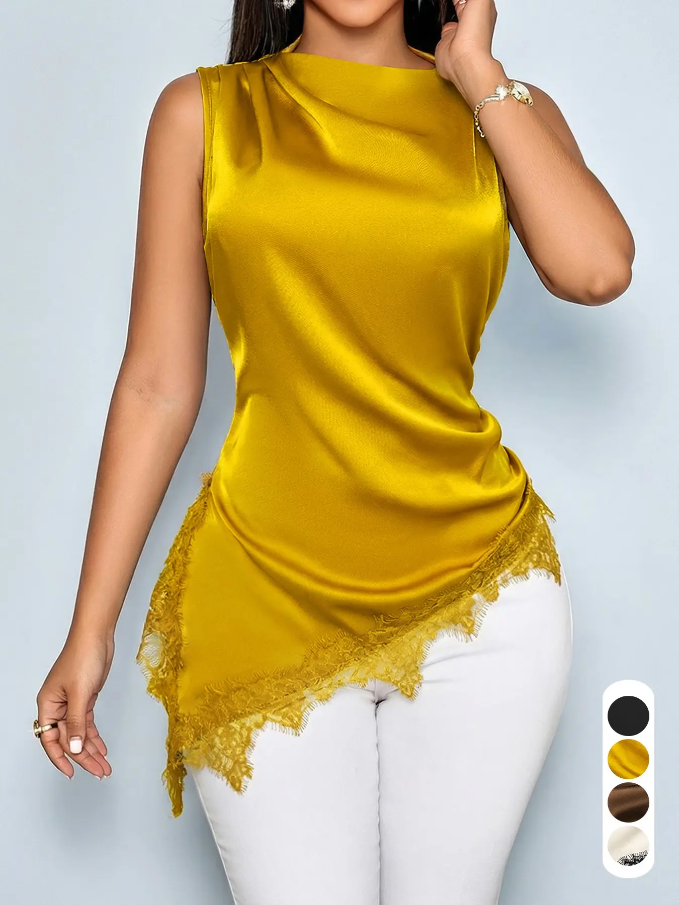 Summer Women's Casual Elegant Solid-Color Lace Trim Tank Top Asymmetrical Sleeveless Design, Sleeveless Asymmetrical Hem Boat Neck Top, Ideal for Daily Wear and Commuting