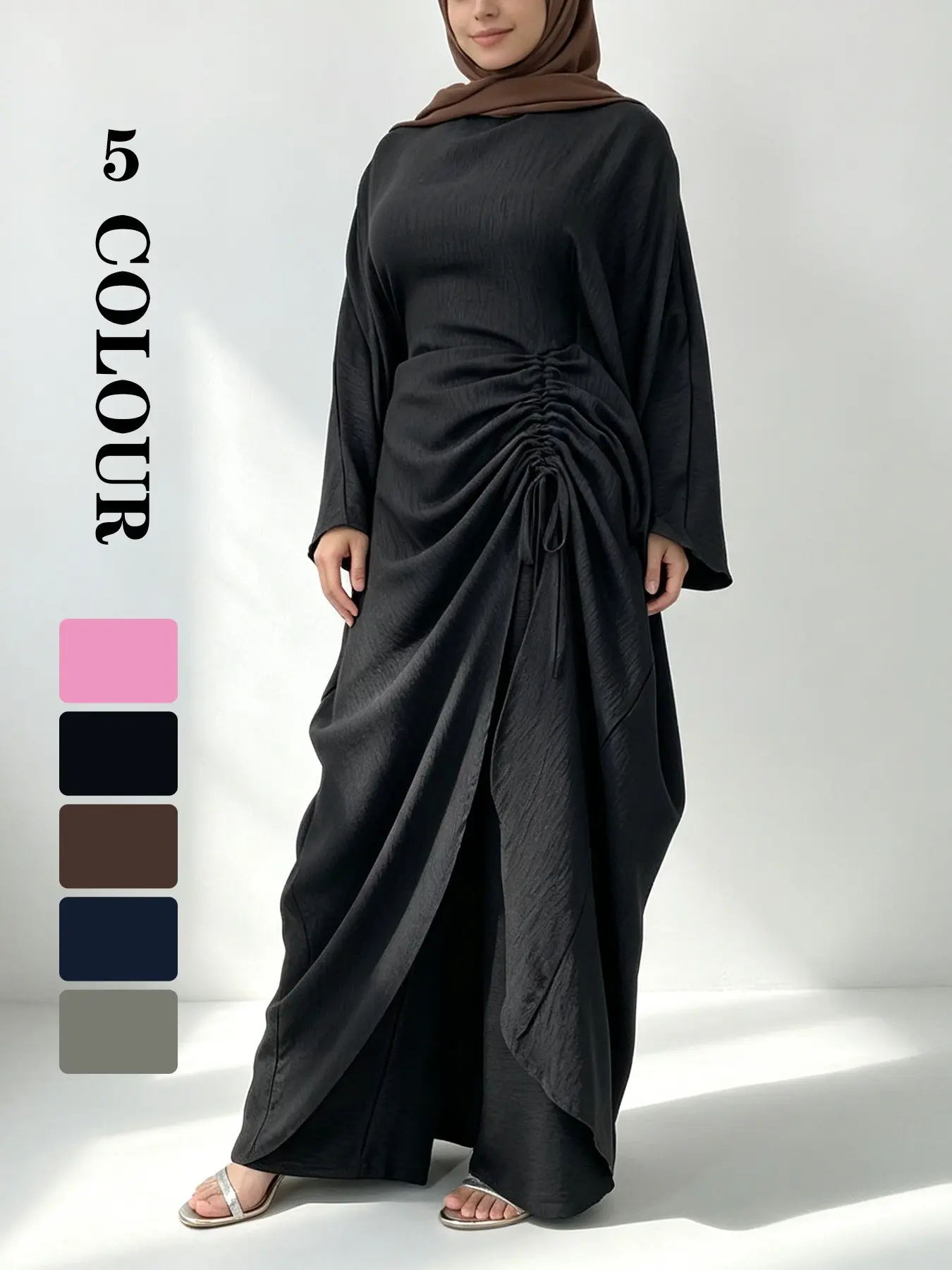 Muslim Matching Set, Fashion Muslim Set, Batwing Sleeve Loose Top & Wide-Leg Pants, Adjustable Drawstring, 5 Soft Colors, Breathable Wrinkle-Resistant (Hijab Not Included)