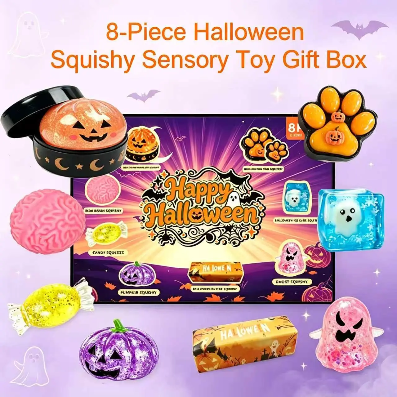Halloween 8-Pack Squishy Toys, Malt Sugar Slow-Rebound Stress Relief Fidget Toys, Spooky Sensory Bundle, Halloween Party Gift, 8 Different Horror Styles
