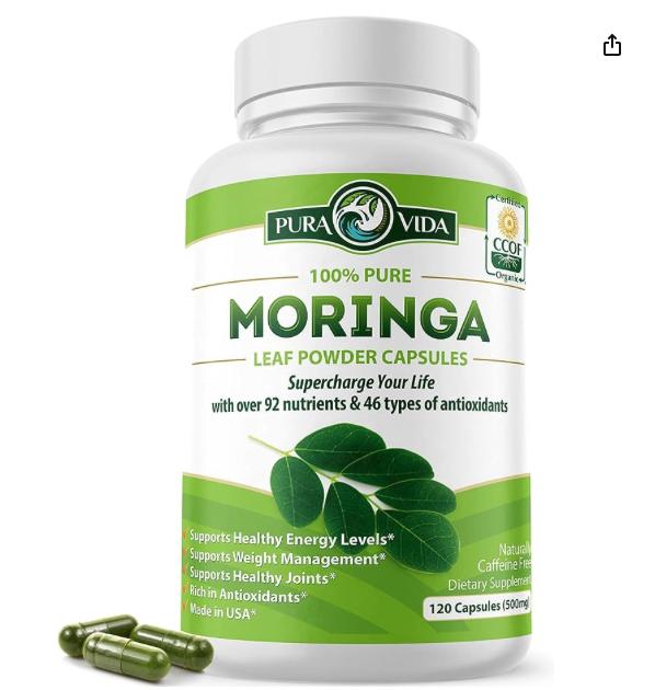 Moringa Powder Capsules Organic - Pura Vida  Moringa Leaf. Energy, Metabolism, & Immune Support. 120ct. 500mg Caps. Supplement Healthcare