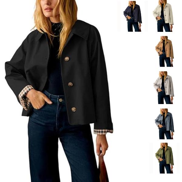 UANEO Womens Cropped Trench Coat Classic Collar Oversized Casual Jackets with Checkered Lining SummerVibes